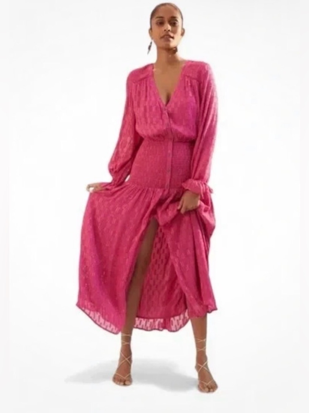 Nwot Anthropologie Smocked Maxi Dress Long Sleeve Pink Gold Metallic